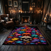 colorful skull mosaic faux velvet Halloween area rug, close decorative detail