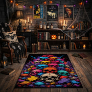 colorful skull mosaic faux velvet Halloween area rug, front room mockup