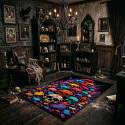 colorful skull mosaic faux velvet Halloween area rug, wide interior view