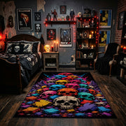 colorful skull mosaic faux velvet Halloween area rug, design detail view
