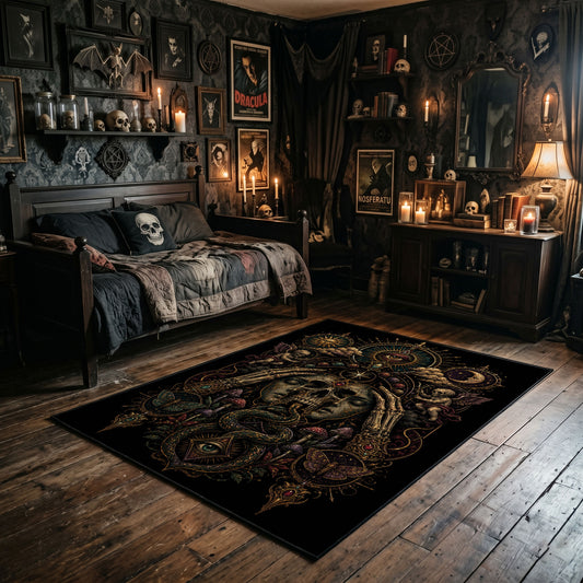 ancient gothic creature portrait faux velvet Halloween area rug, angled room view