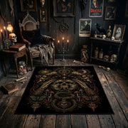 ancient gothic creature portrait faux velvet Halloween area rug, full pattern view
