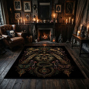 ancient gothic creature portrait faux velvet Halloween area rug, wood floor styling
