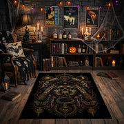 ancient gothic creature portrait faux velvet Halloween area rug, close decorative detail