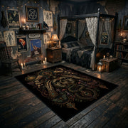 ancient gothic creature portrait faux velvet Halloween area rug, front room mockup