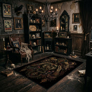 ancient gothic creature portrait faux velvet Halloween area rug, wide interior view