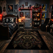 ancient gothic creature portrait faux velvet Halloween area rug, design detail view