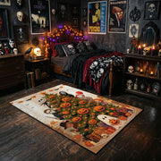 cute pumpkin and ghost pattern faux velvet Halloween area rug, cozy home setting