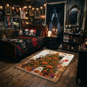 cute pumpkin and ghost pattern faux velvet Halloween area rug, angled room view