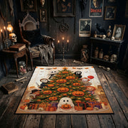 cute pumpkin and ghost pattern faux velvet Halloween area rug, soft surface detail