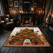 cute pumpkin and ghost pattern faux velvet Halloween area rug, wood floor styling