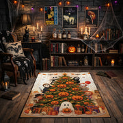 cute pumpkin and ghost pattern faux velvet Halloween area rug, close decorative detail