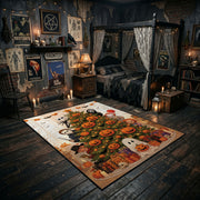 cute pumpkin and ghost pattern faux velvet Halloween area rug, front room mockup
