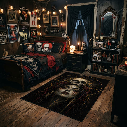 haunted gothic portrait faux velvet Halloween area rug, angled room view
