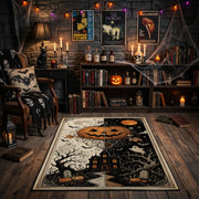 pumpkin skeleton night scene faux velvet Halloween area rug, featured room view