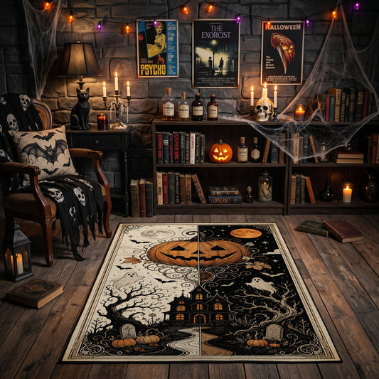 pumpkin skeleton night scene faux velvet Halloween area rug, featured room view