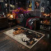 pumpkin skeleton night scene faux velvet Halloween area rug, cozy home setting