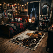 pumpkin skeleton night scene faux velvet Halloween area rug, angled room view