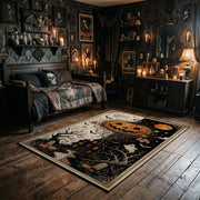 pumpkin skeleton night scene faux velvet Halloween area rug, full pattern view