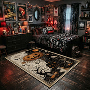 pumpkin skeleton night scene faux velvet Halloween area rug, wood floor styling
