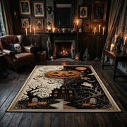 pumpkin skeleton night scene faux velvet Halloween area rug, close decorative detail