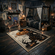 pumpkin skeleton night scene faux velvet Halloween area rug, front room mockup