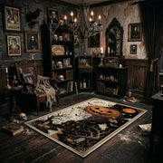 pumpkin skeleton night scene faux velvet Halloween area rug, wide interior view