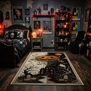 pumpkin skeleton night scene faux velvet Halloween area rug, design detail view