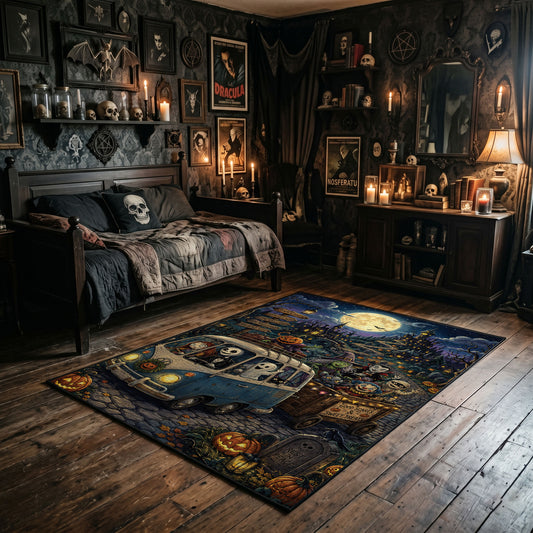 blue monster night scene faux velvet Halloween area rug, featured room view