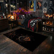 minimal black pumpkin face faux velvet Halloween area rug, cozy home setting