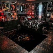 minimal black pumpkin face faux velvet Halloween area rug, soft surface detail