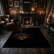 minimal black pumpkin face faux velvet Halloween area rug, wood floor styling