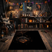 minimal black pumpkin face faux velvet Halloween area rug, close decorative detail