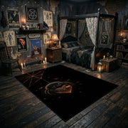 minimal black pumpkin face faux velvet Halloween area rug, front room mockup