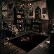 minimal black pumpkin face faux velvet Halloween area rug, wide interior view