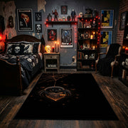 minimal black pumpkin face faux velvet Halloween area rug, design detail view