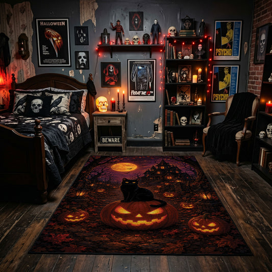 purple witch and pumpkin scene faux velvet Halloween area rug, featured room view