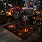 purple witch and pumpkin scene faux velvet Halloween area rug, cozy home setting