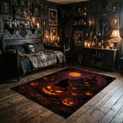 purple witch and pumpkin scene faux velvet Halloween area rug, full pattern view