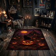 purple witch and pumpkin scene faux velvet Halloween area rug, soft surface detail