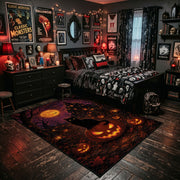 purple witch and pumpkin scene faux velvet Halloween area rug, wood floor styling