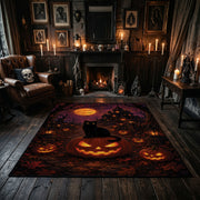 purple witch and pumpkin scene faux velvet Halloween area rug, close decorative detail
