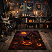 purple witch and pumpkin scene faux velvet Halloween area rug, front room mockup