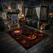 purple witch and pumpkin scene faux velvet Halloween area rug, wide interior view