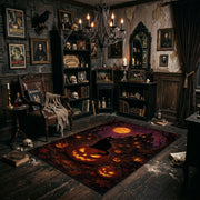 purple witch and pumpkin scene faux velvet Halloween area rug, design detail view