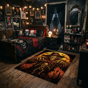 raven scarecrow harvest faux velvet Halloween area rug, angled room view