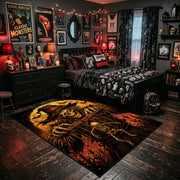 raven scarecrow harvest faux velvet Halloween area rug, wood floor styling