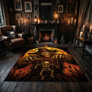 raven scarecrow harvest faux velvet Halloween area rug, close decorative detail