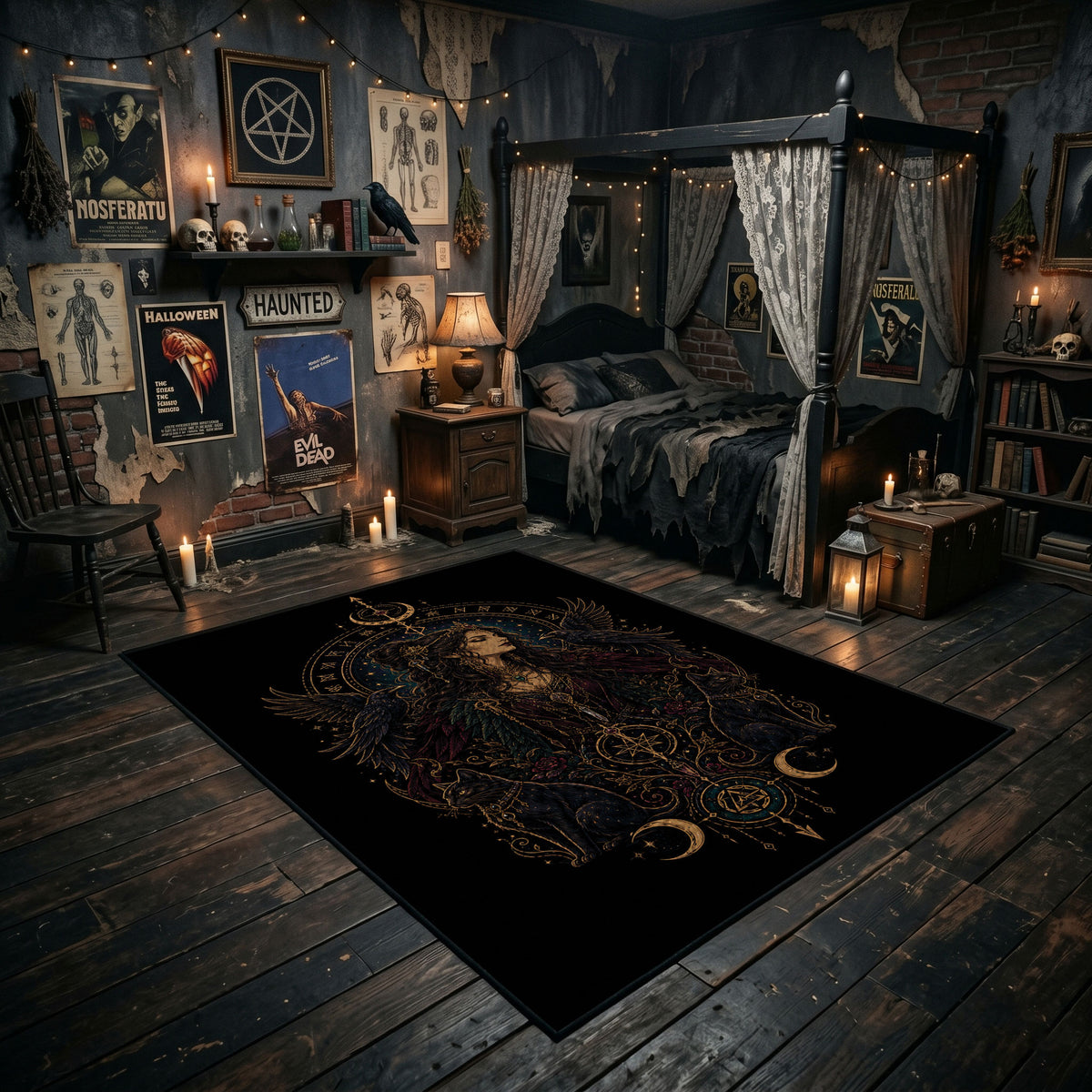 mystic serpent emblem faux velvet Halloween area rug, featured room view