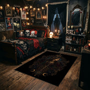 mystic serpent emblem faux velvet Halloween area rug, angled room view